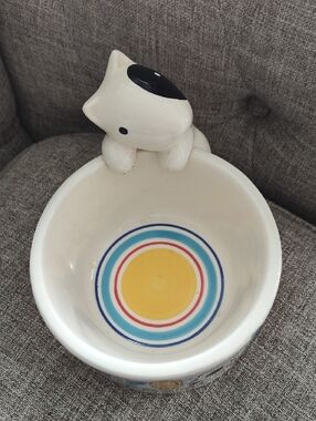 Colorful Ceramic Dog Bowl with Dog Graphics And  Colorful Circles Interior